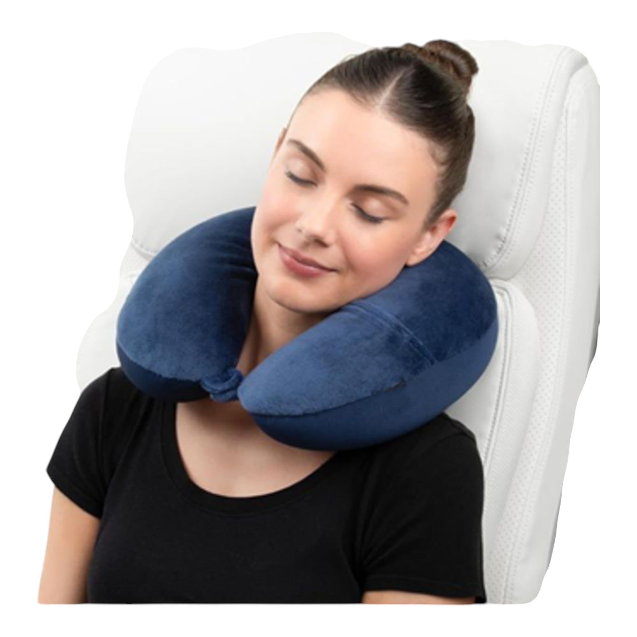 Soft memory foam travel neck pillows in navy blue – U-shaped ergonomic design with button clasp for support and comfort on flights and long journeys